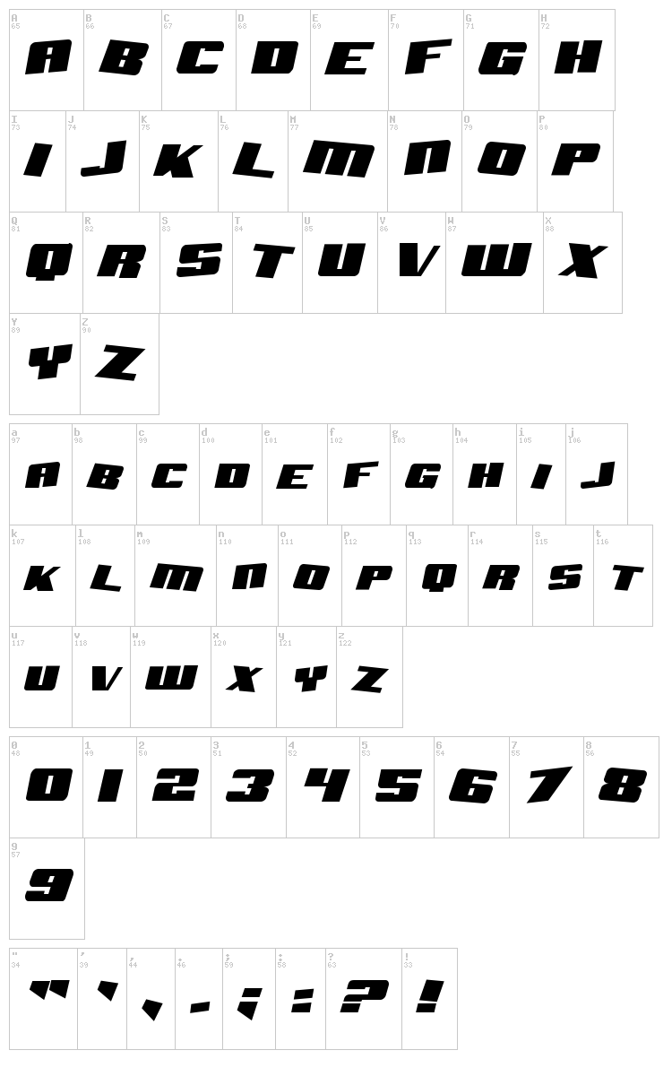 SF Aftershock Debris font map